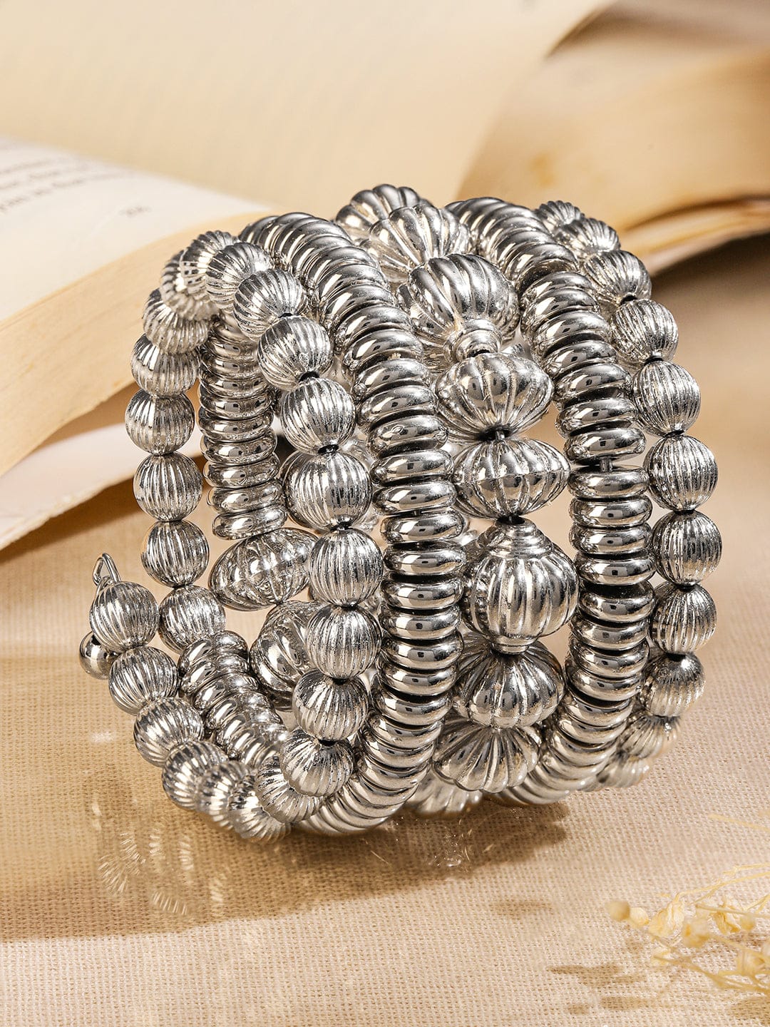 Rubans Silver-Plated Textured Beaded Statement Bracelet for Women Wristwear