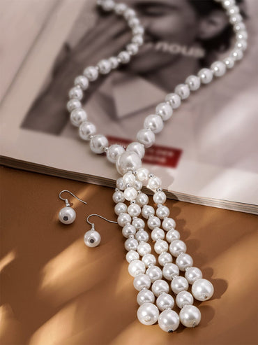 Rubans Silver Plated White Pearl Beaded Multi-Layer Long Statement Necklace Set Chain & Necklace