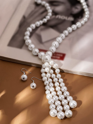 Rubans Silver Plated White Pearl Beaded Multi-Layer Long Statement Necklace Set Jewellery Set