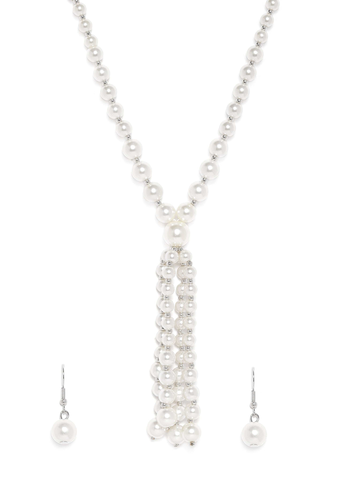 Rubans Silver Plated White Pearl Beaded Multi-Layer Long Statement Necklace Set Jewellery Set