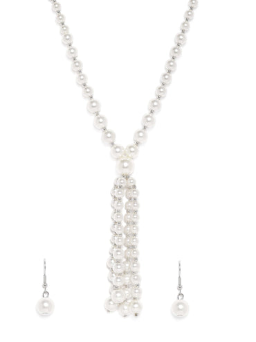 Rubans Silver Plated White Pearl Beaded Multi-Layer Long Statement Necklace Set Jewellery Set