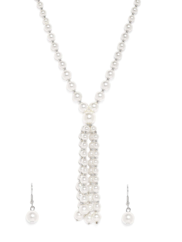 Rubans Silver Plated White Pearl Beaded Multi-Layer Long Statement Necklace Set Jewellery Set