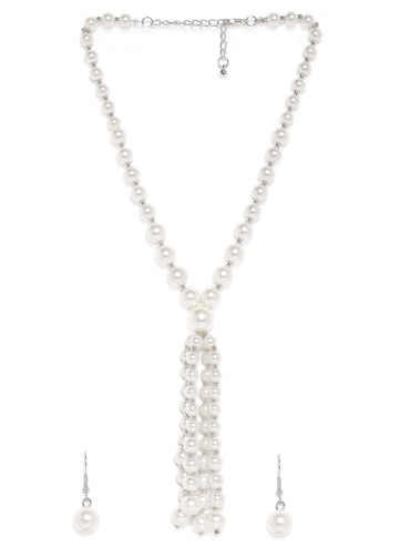 Rubans Silver Plated White Pearl Beaded Multi-Layer Long Statement Necklace Set Jewellery Set