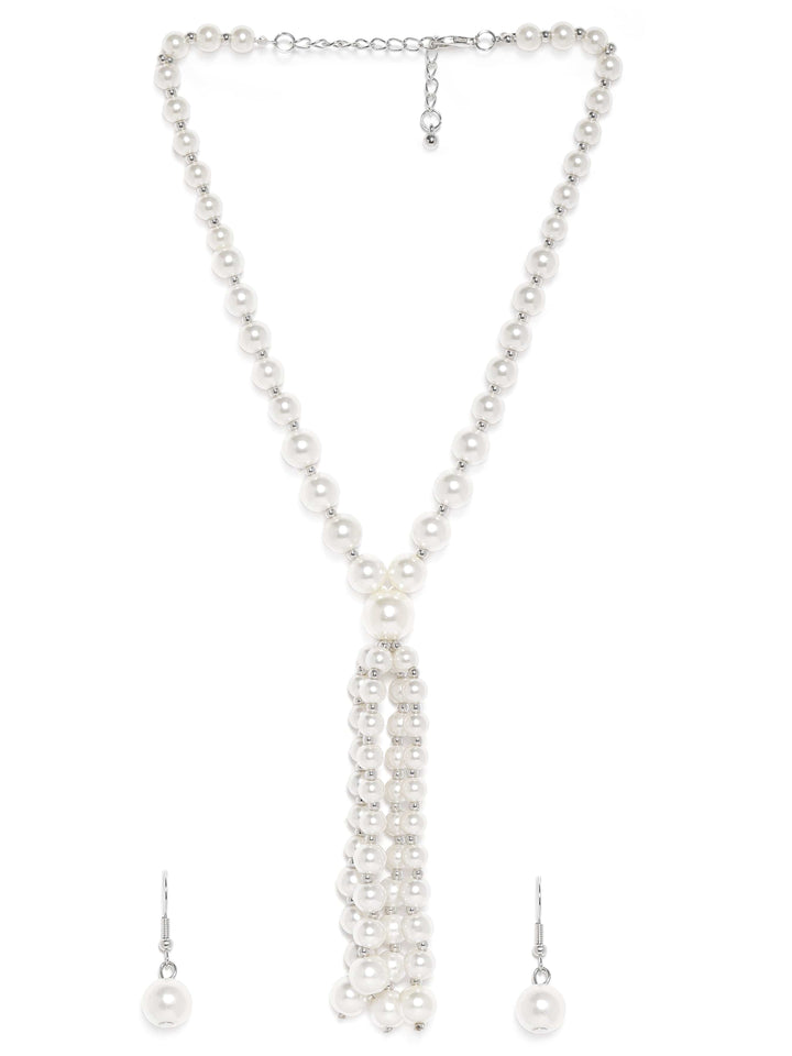 Rubans Silver Plated White Pearl Beaded Multi-Layer Long Statement Necklace Set Jewellery Set