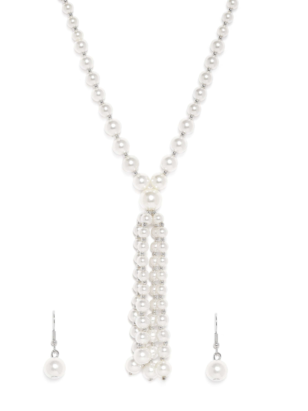 Rubans Silver Plated White Pearl Beaded Multi-Layer Long Statement Necklace Set Jewellery Set