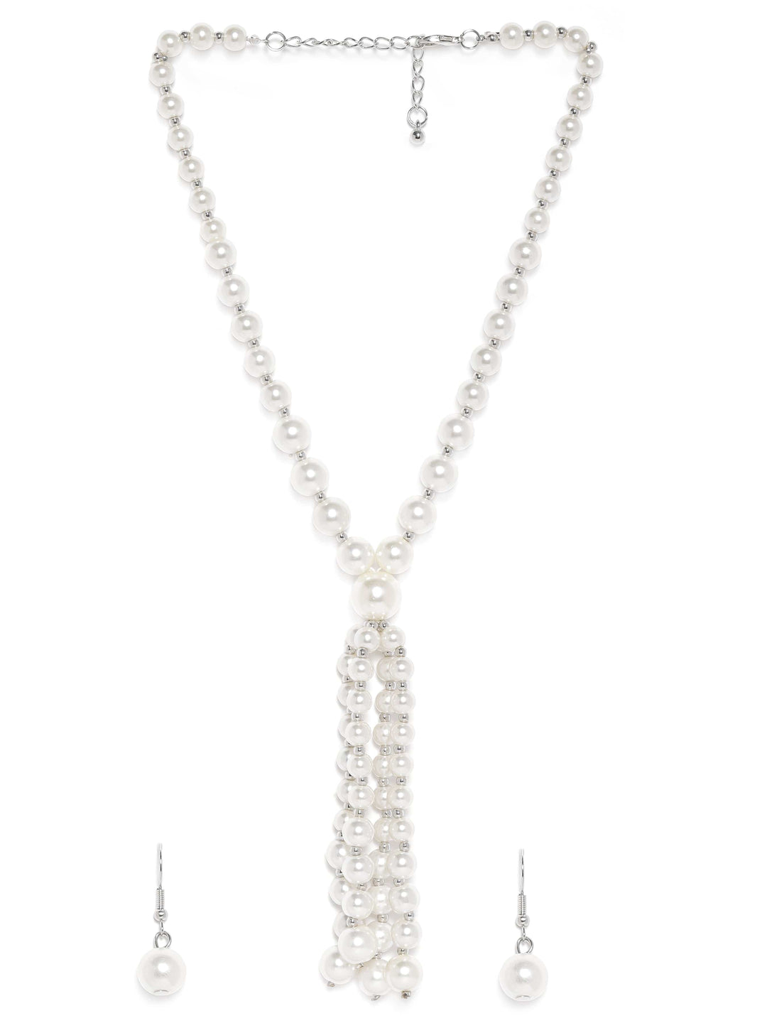 Rubans Silver Plated White Pearl Beaded Multi-Layer Long Statement Necklace Set Jewellery Set