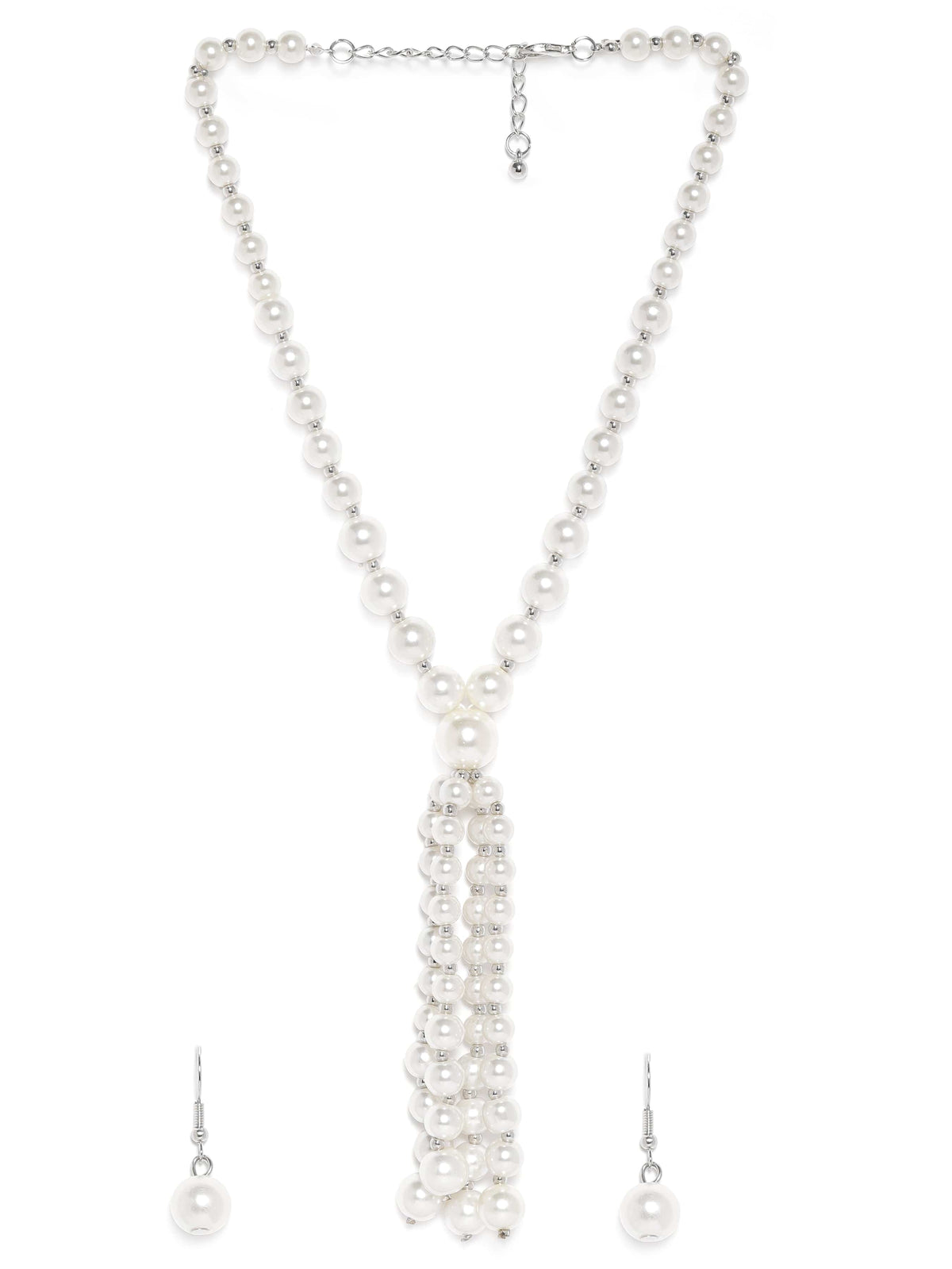 Rubans Silver Plated White Pearl Beaded Multi-Layer Long Statement Necklace Set Jewellery Set