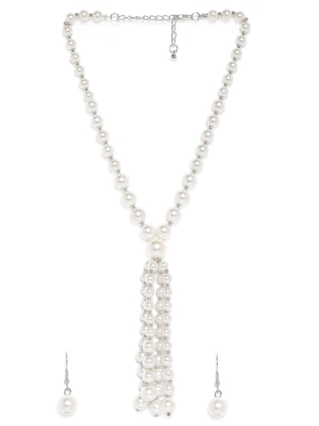 Rubans Silver Plated White Pearl Beaded Multi-Layer Long Statement Necklace Set Jewellery Set