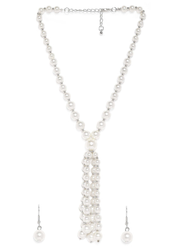 Rubans Silver Plated White Pearl Beaded Multi-Layer Long Statement Necklace Set Jewellery Set