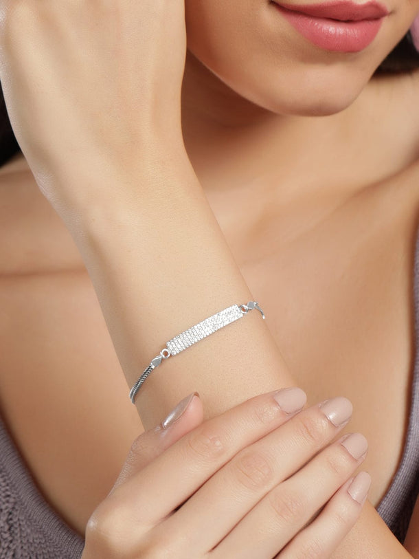 Rubans Silver Rhodium Plated 925 Sterling Silver Pave Zirconia Tag Classic Pull Bracelet Bangles & Bracelets
