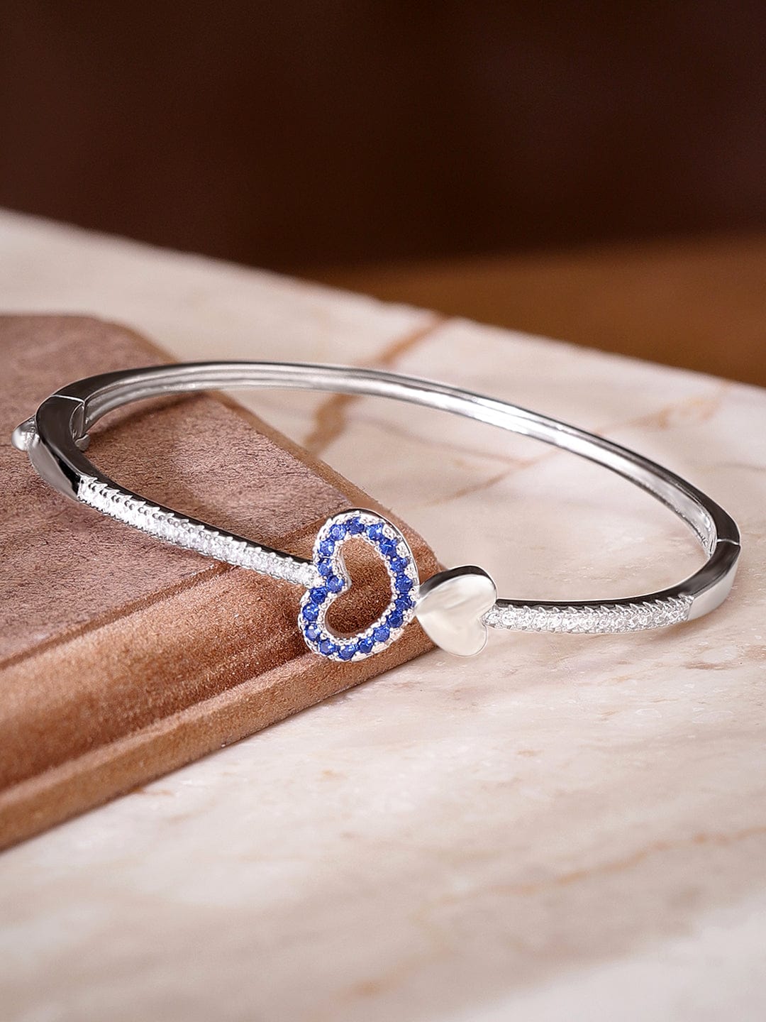 Rubans Silver Rhodium Plated Blue & White Zirconia Studded Heart Motif Bracelet Bangles & Bracelets