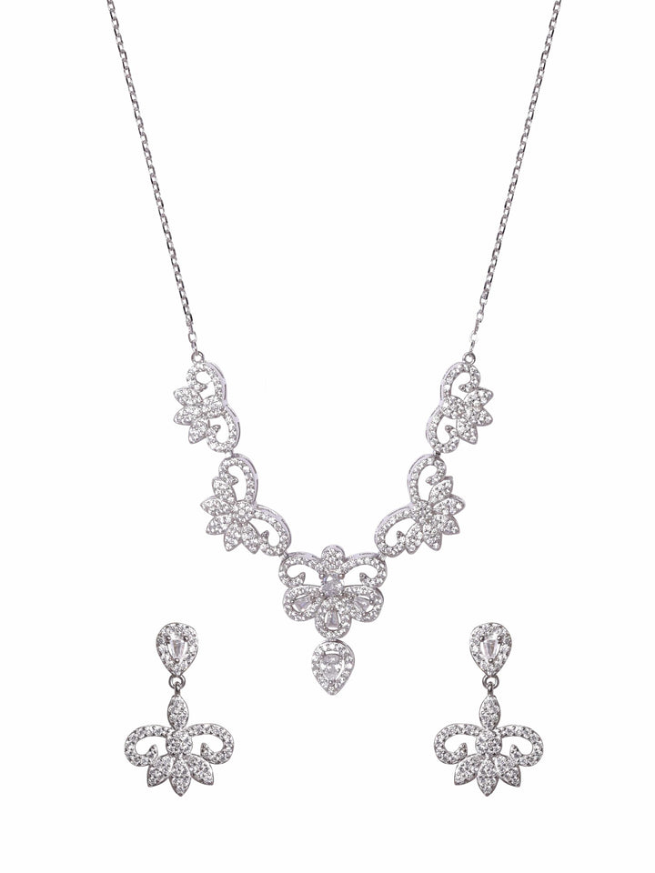Rubans Silver Rhodium Plated Zirconia Studded Contemporary Patterned Necklace Set Jewellery Sets