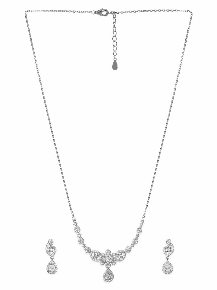Rubans Silver Rhodium Plated Zirconia Studded Stunning Minimal Necklace Set Jewellery Sets