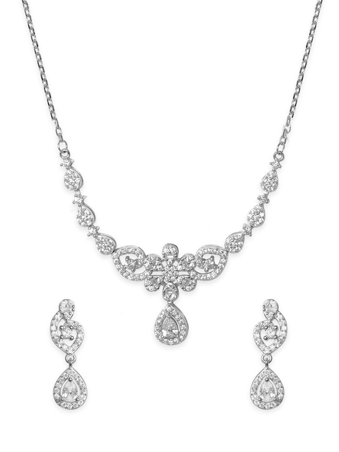 Rubans Silver Rhodium Plated Zirconia Studded Stunning Minimal Necklace Set Jewellery Sets