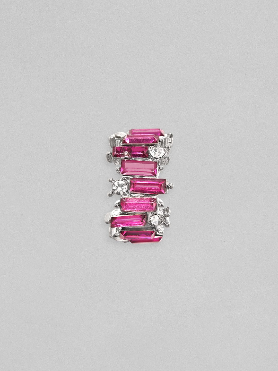 Rubans Silver Toned Baguette Magenta Zircon Studded Dainty Hoop Earrings Earrings