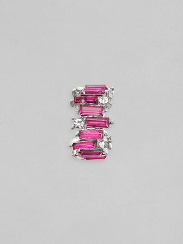 Rubans Silver Toned Baguette Magenta Zircon Studded Dainty Hoop Earrings Earrings
