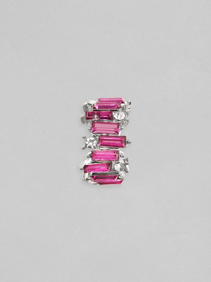 Rubans Silver Toned Baguette Magenta Zircon Studded Dainty Hoop Earrings Earrings