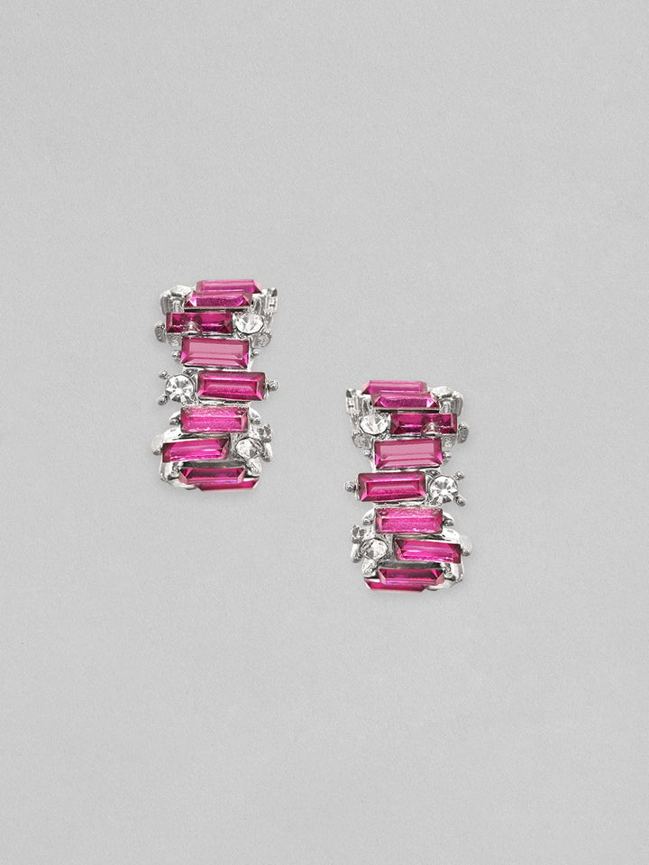 Rubans Silver Toned Baguette Magenta Zircon Studded Dainty Hoop Earrings Earrings