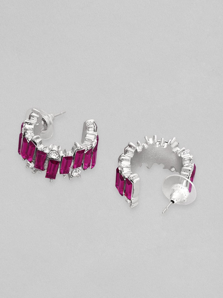 Rubans Silver Toned Baguette Magenta Zircon Studded Dainty Hoop Earrings Earrings