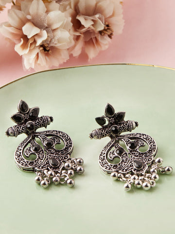 Rubans Silver-Toned & Black Classic Drop Earrings Earrings