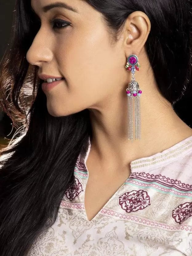 Rubans Silver Toned Color Stone Embellished Statement Jhumka Earrings Earrings