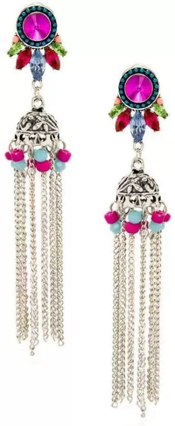 Rubans Silver Toned Color Stone Embellished Statement Jhumka Earrings Earrings