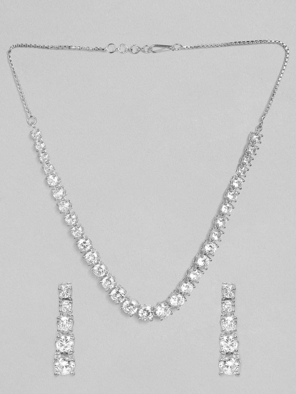 Rubans Silver Toned CZ Necklace with Earrings Necklace Set