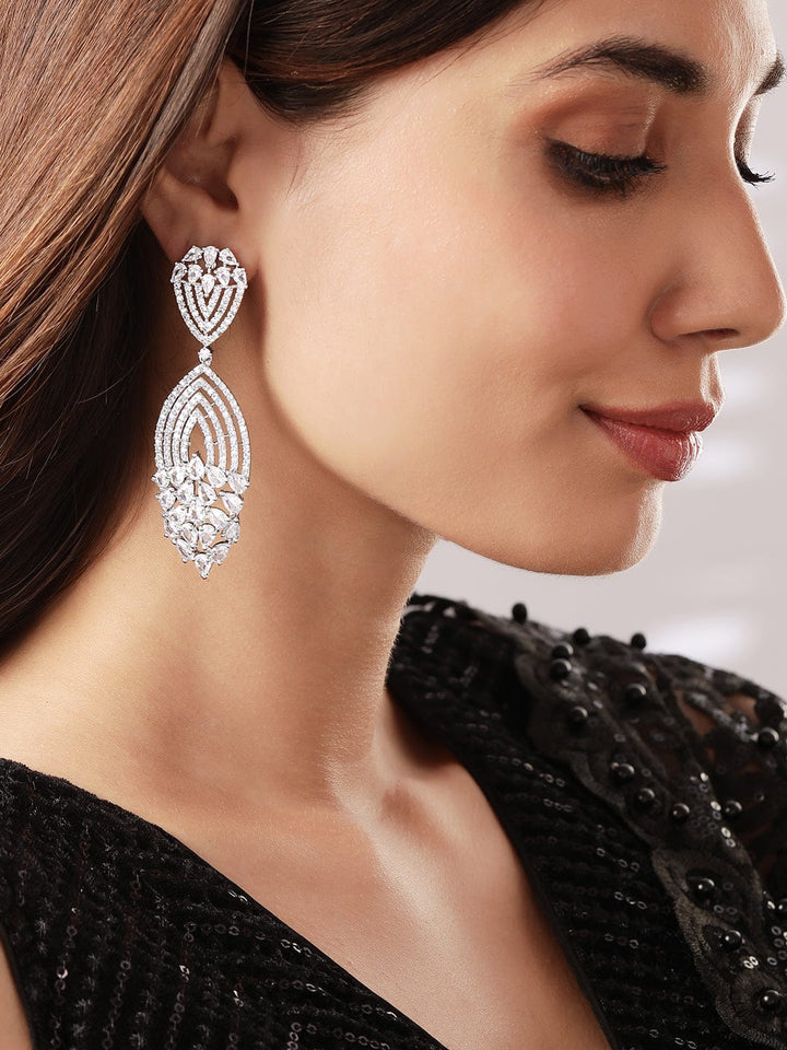 Rubans Silver Toned CZ Studded Embellished Drop Earrings Earrings