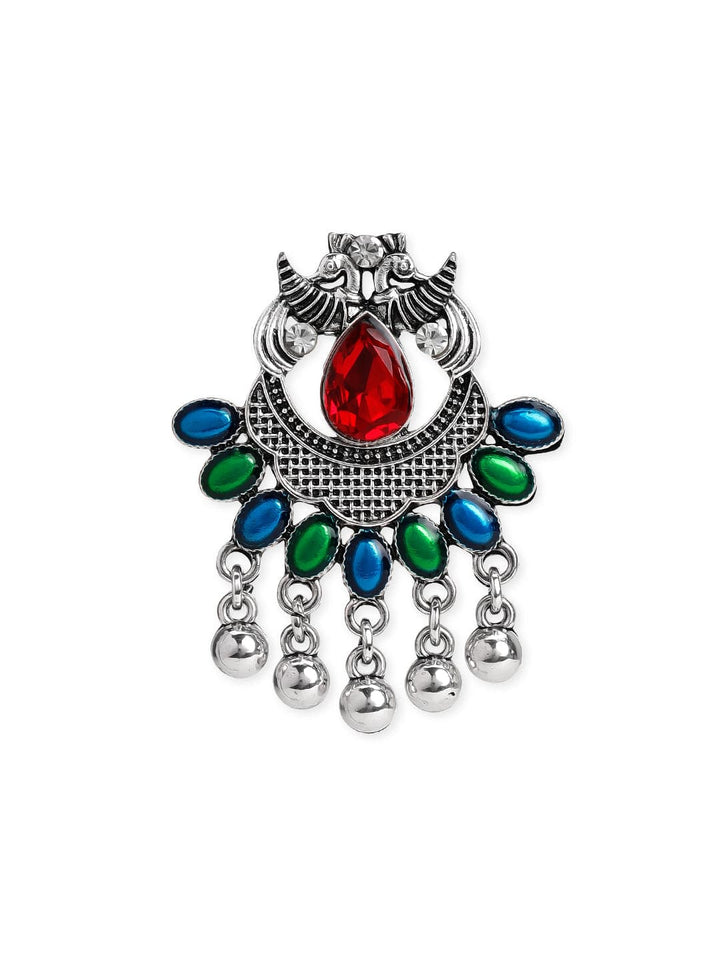 Rubans Silver Toned Green-Blue and Red Chandbalis Earrings