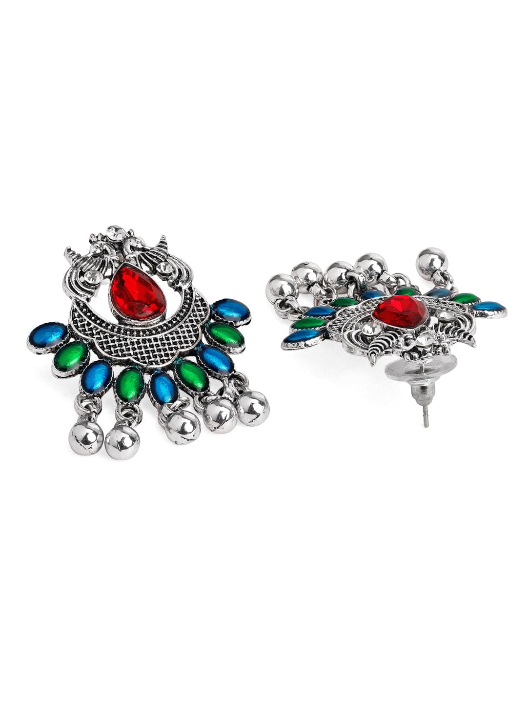 Rubans Silver Toned Green-Blue and Red Chandbalis Earrings