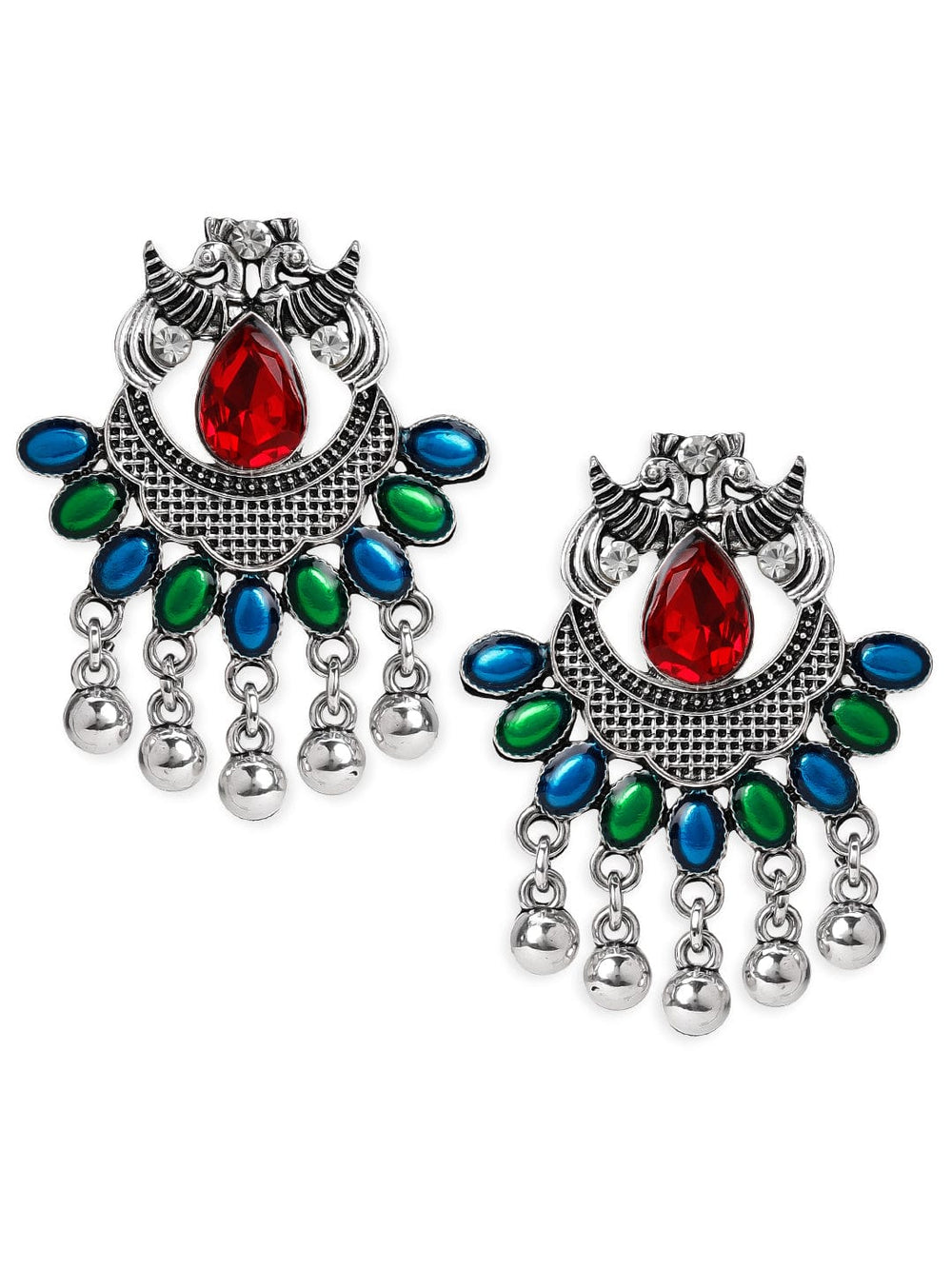 Rubans Silver Toned Green-Blue and Red Chandbalis Earrings