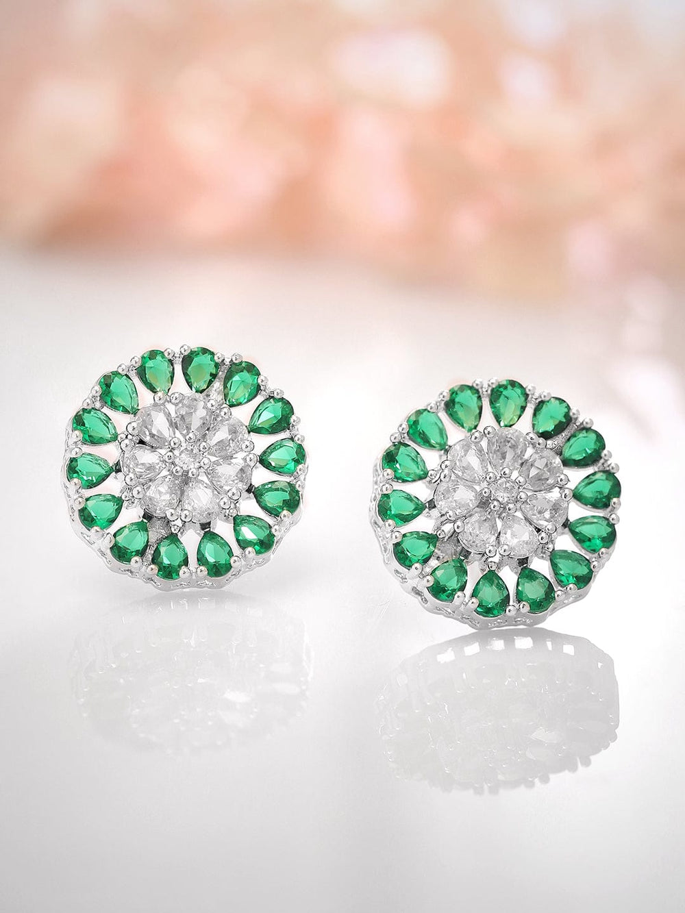 Rubans Silver-Toned  Green Circular Studs Earrings Earrings