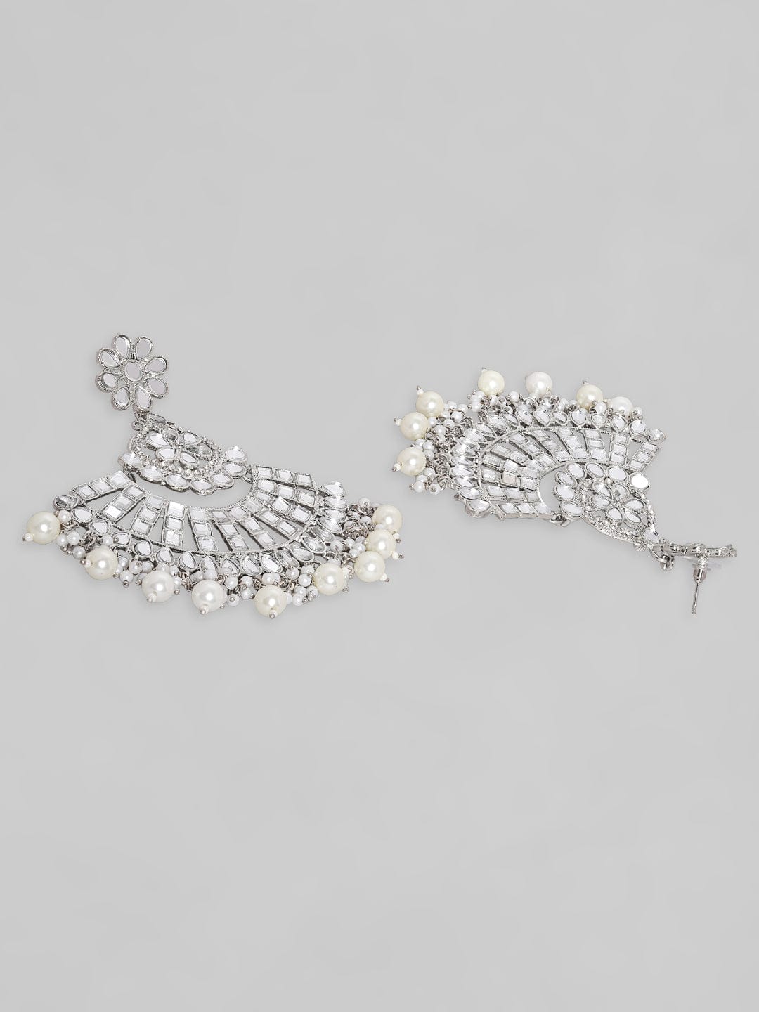 Rubans Silver Toned Mirror Studded Chandbali Earrings. Earrings