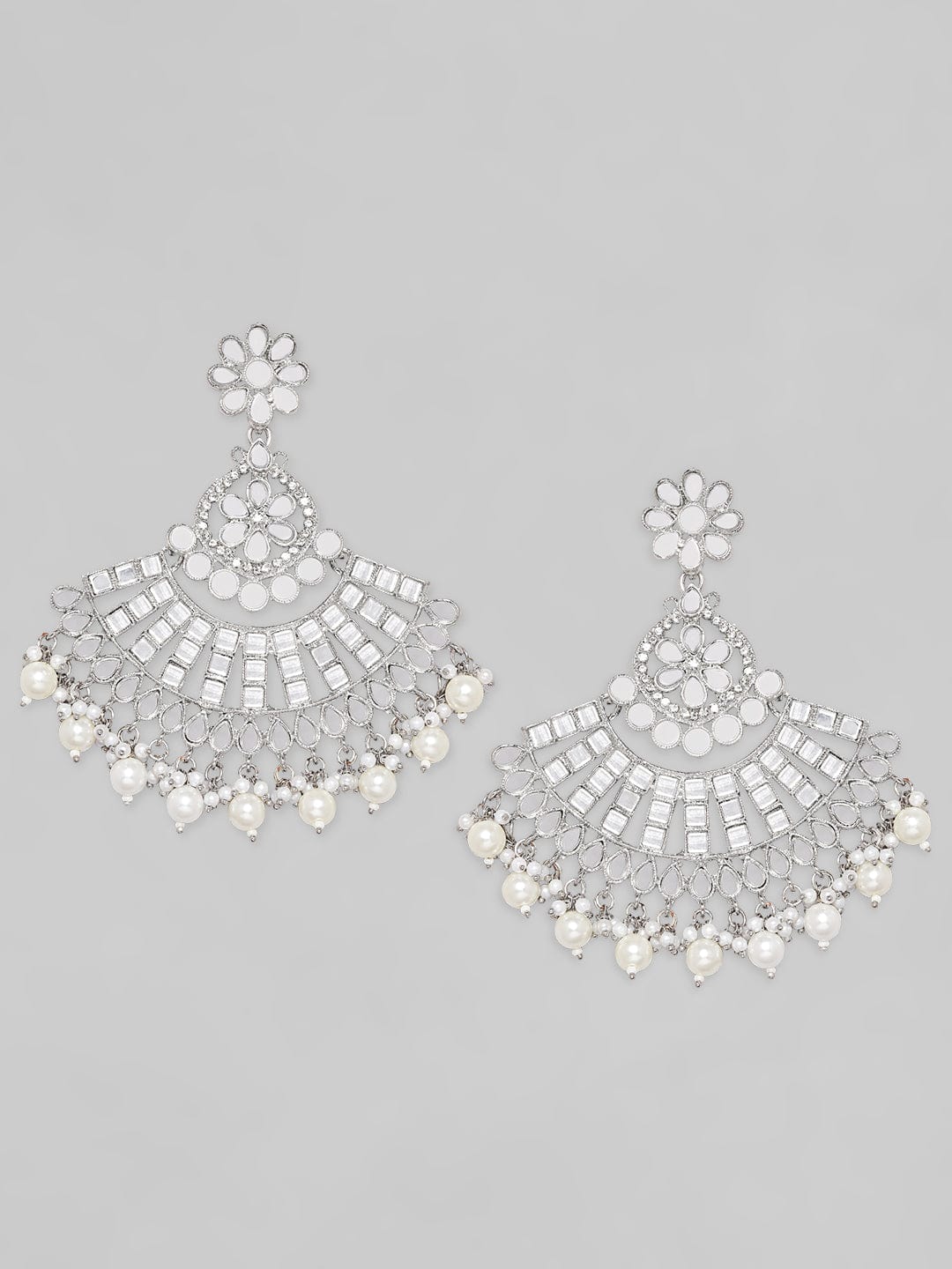 Rubans Silver Toned Mirror Studded Chandbali Earrings. Earrings