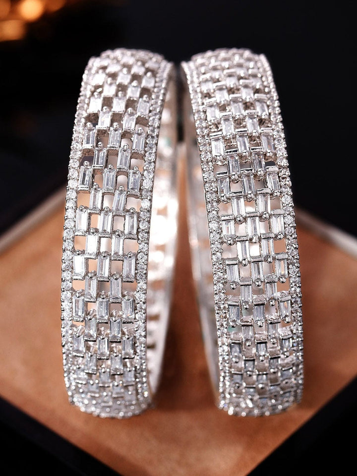 Rubans Silver-Toned Set Of 2 Cubic Zirconia Stone Studded Bangles Bangles & Bracelets