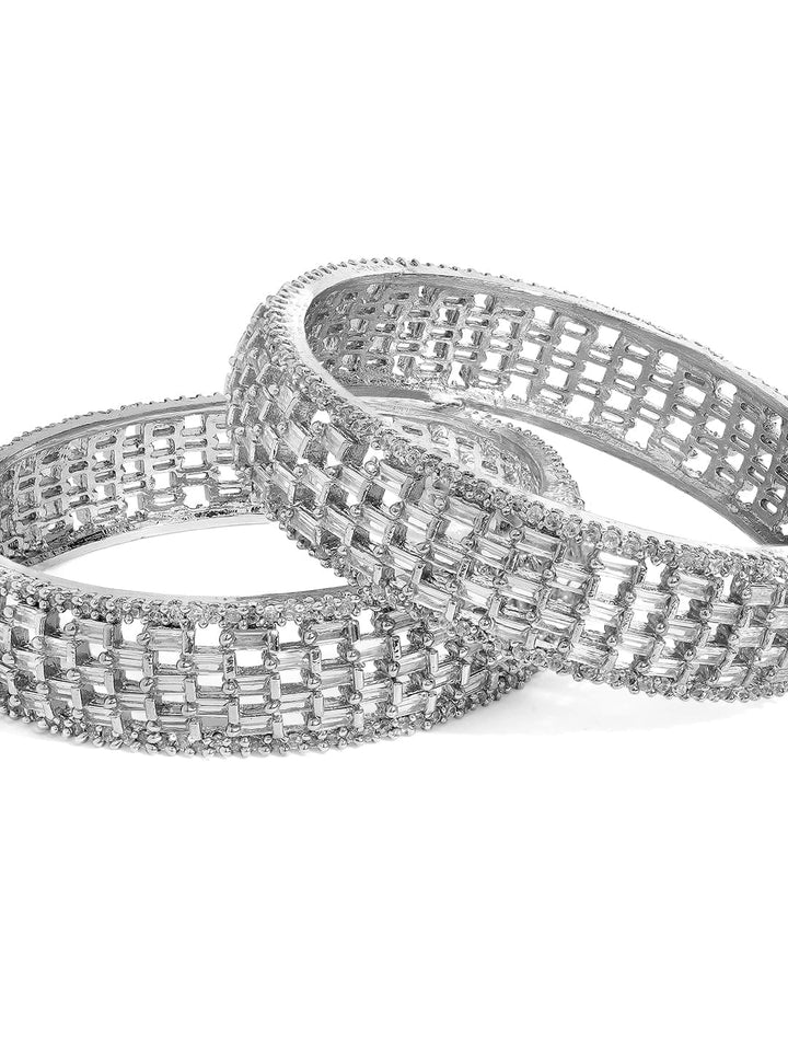 Rubans Silver-Toned Set Of 2 Cubic Zirconia Stone Studded Bangles Bangles & Bracelets