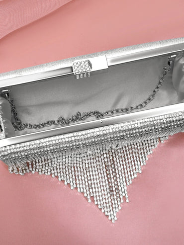 Rubans Silver-Toned Shimmery Cubic Zirconia Layering  Embellished Clutch Bags