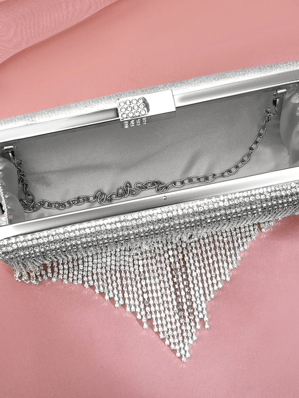 Rubans Silver-Toned Shimmery Cubic Zirconia Layering  Embellished Clutch Bags