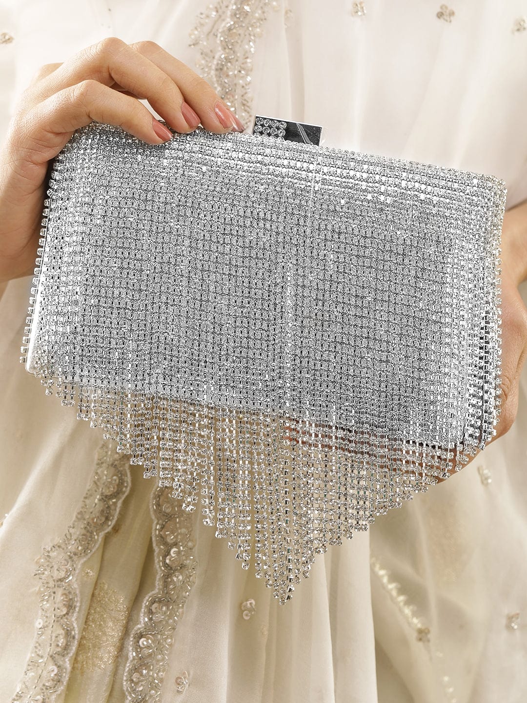 Rubans Silver-Toned Shimmery Cubic Zirconia Layering  Embellished Clutch Clutches