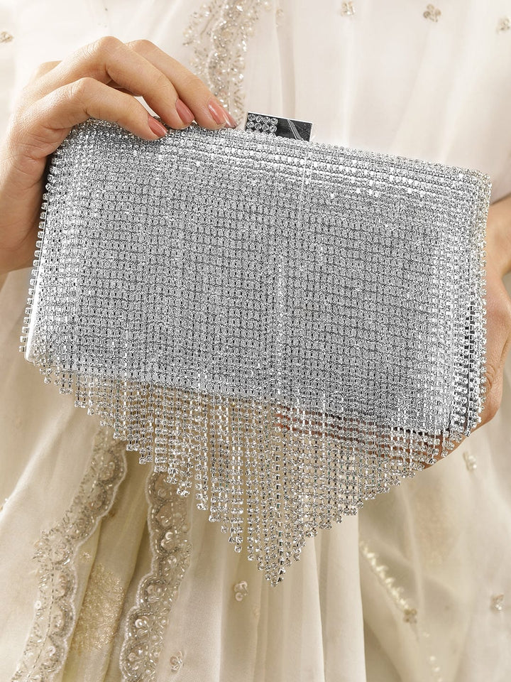 Rubans Silver-Toned Shimmery Cubic Zirconia Layering  Embellished Clutch Clutches