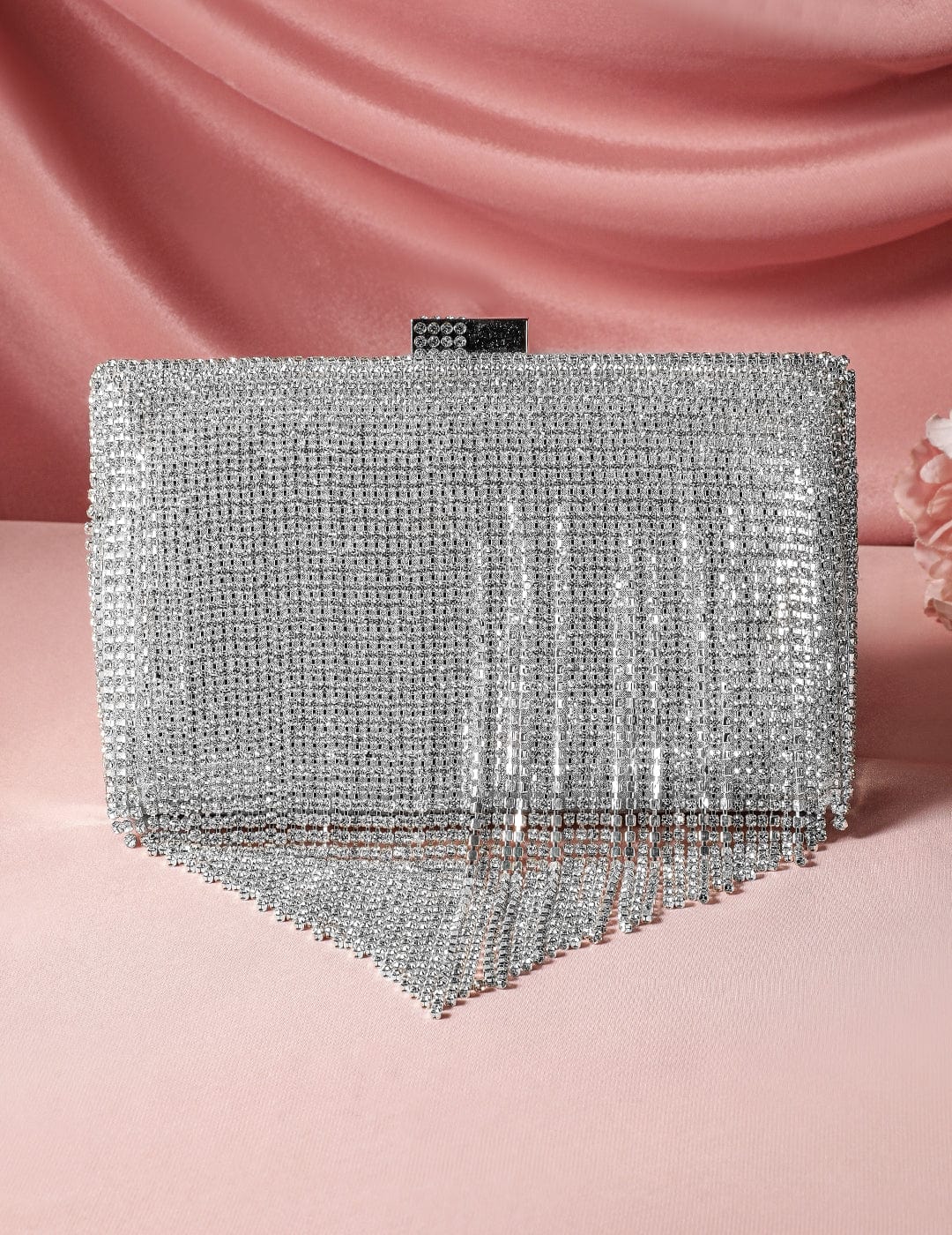 Rubans Silver-Toned Shimmery Cubic Zirconia Layering  Embellished Clutch Clutches