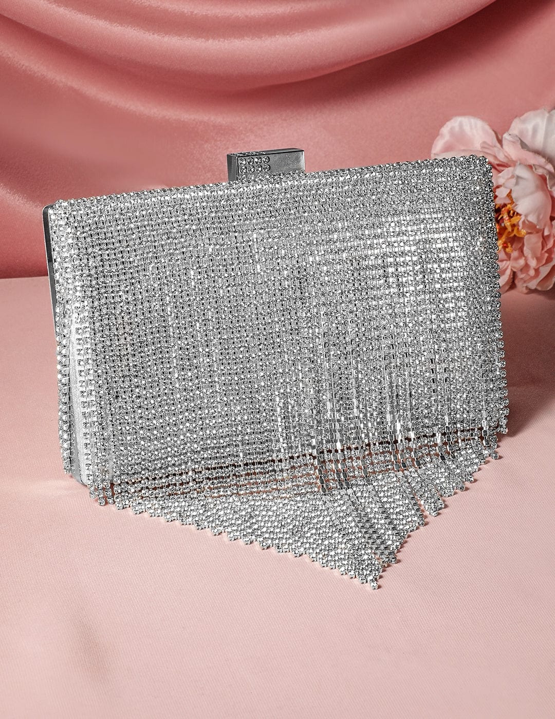 Rubans Silver-Toned Shimmery Cubic Zirconia Layering  Embellished Clutch Clutches