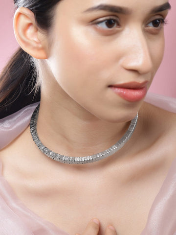 Rubans Silver-Toned Textured Link Statement Choker Necklace for Women Necklace and Chains