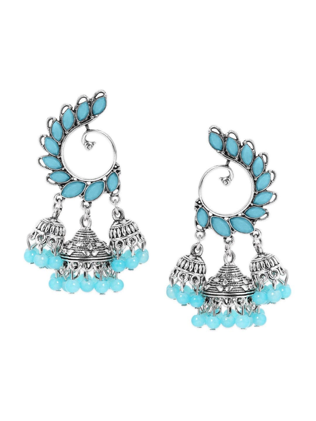 Rubans Silver-Toned & Turquoise Blue Peacock Wing Jhumka Earrings Earrings