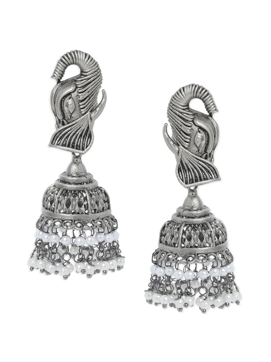 Rubans Silver-Toned & White Oxidized Dome Shaped Jhumkas Earrings