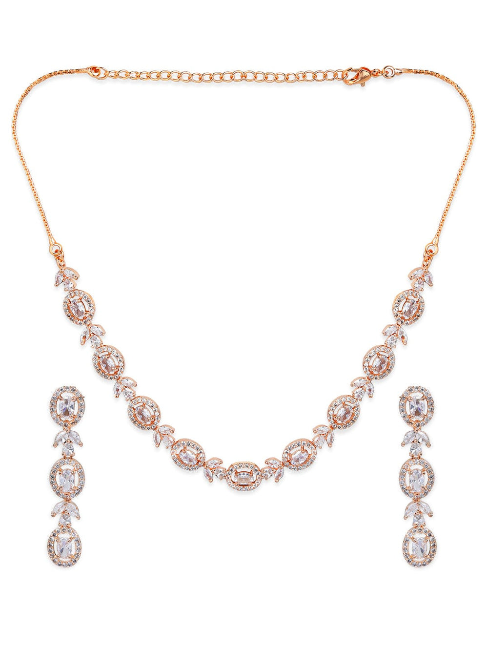 Rubans Simple Gold Toned CZ Necklace Set with Long Earrings Necklace Set
