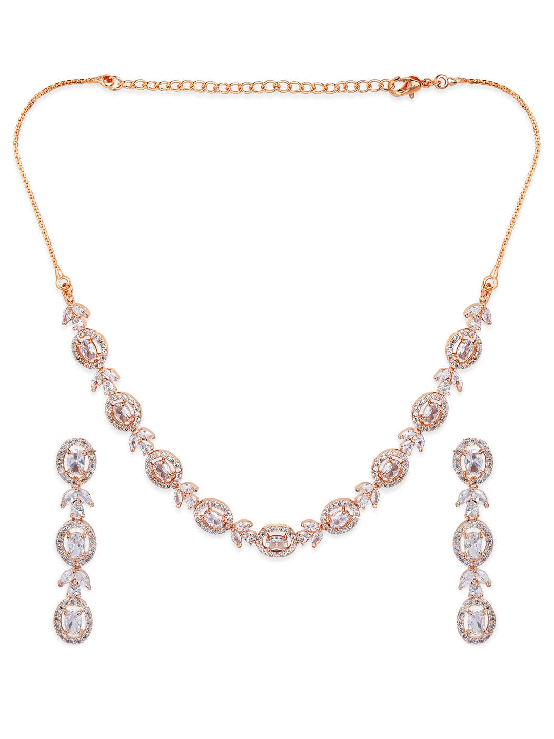 Rubans Simple Gold Toned CZ Necklace Set with Long Earrings Necklace Set