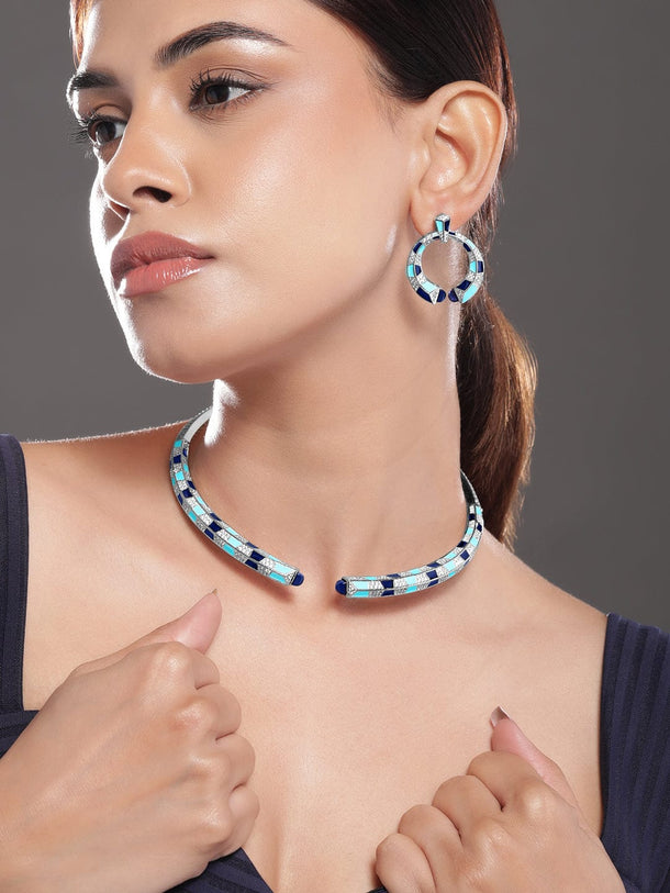 Rubans Sliver Plated CZ Stone Studded Statement Choker Necklace Set Jewellery Set