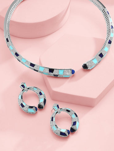 Rubans Sliver Plated CZ Stone Studded Statement Choker Necklace Set Jewellery Set