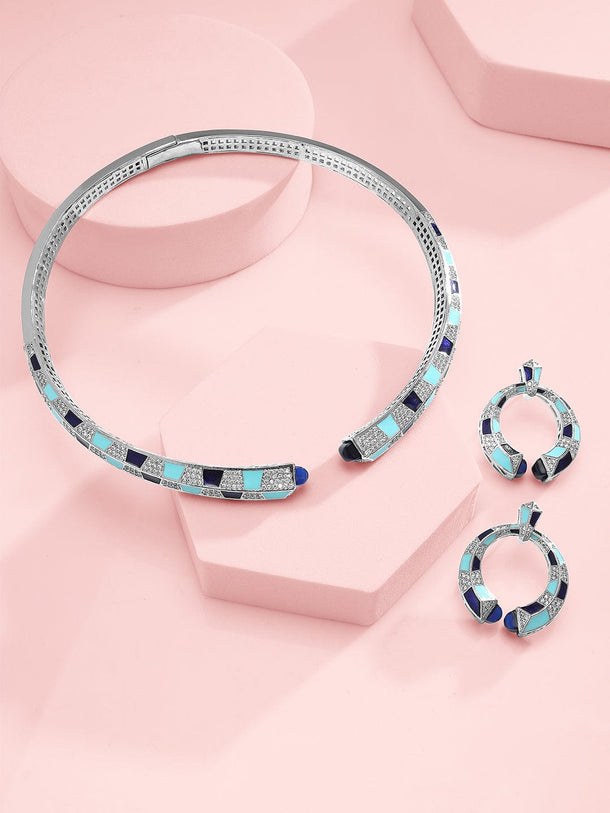 Rubans Sliver Plated CZ Stone Studded Statement Choker Necklace Set Jewellery Set